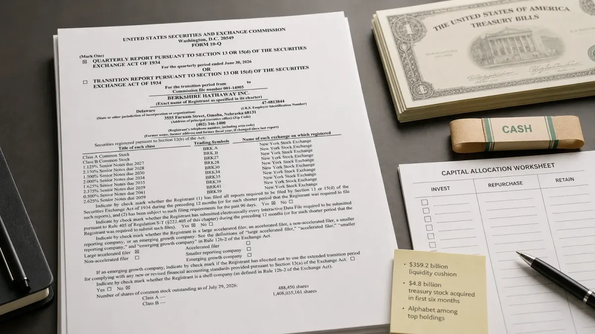 Berkshire Hathaway quarterly report arranged beside cash and allocation papers