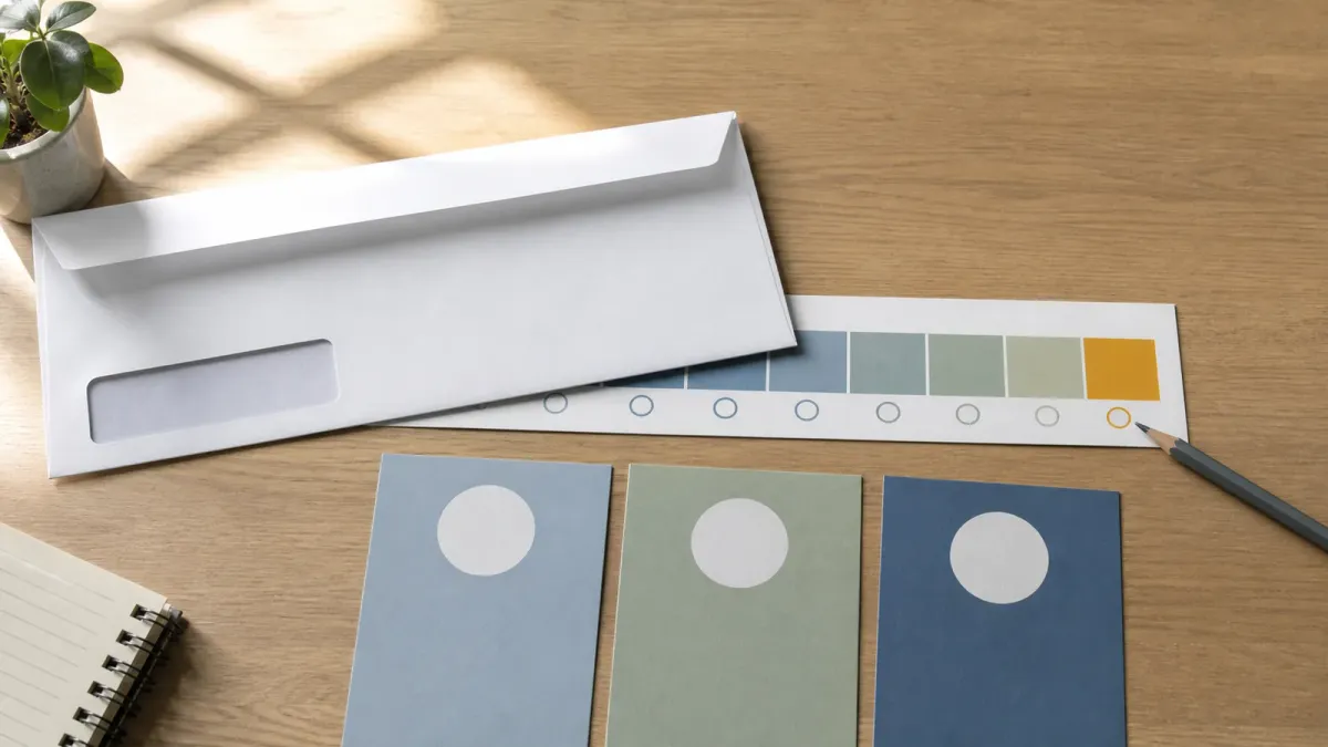 A neutral student-loan notice envelope, blank repayment-plan cards, and a calendar strip arranged on a desk.
