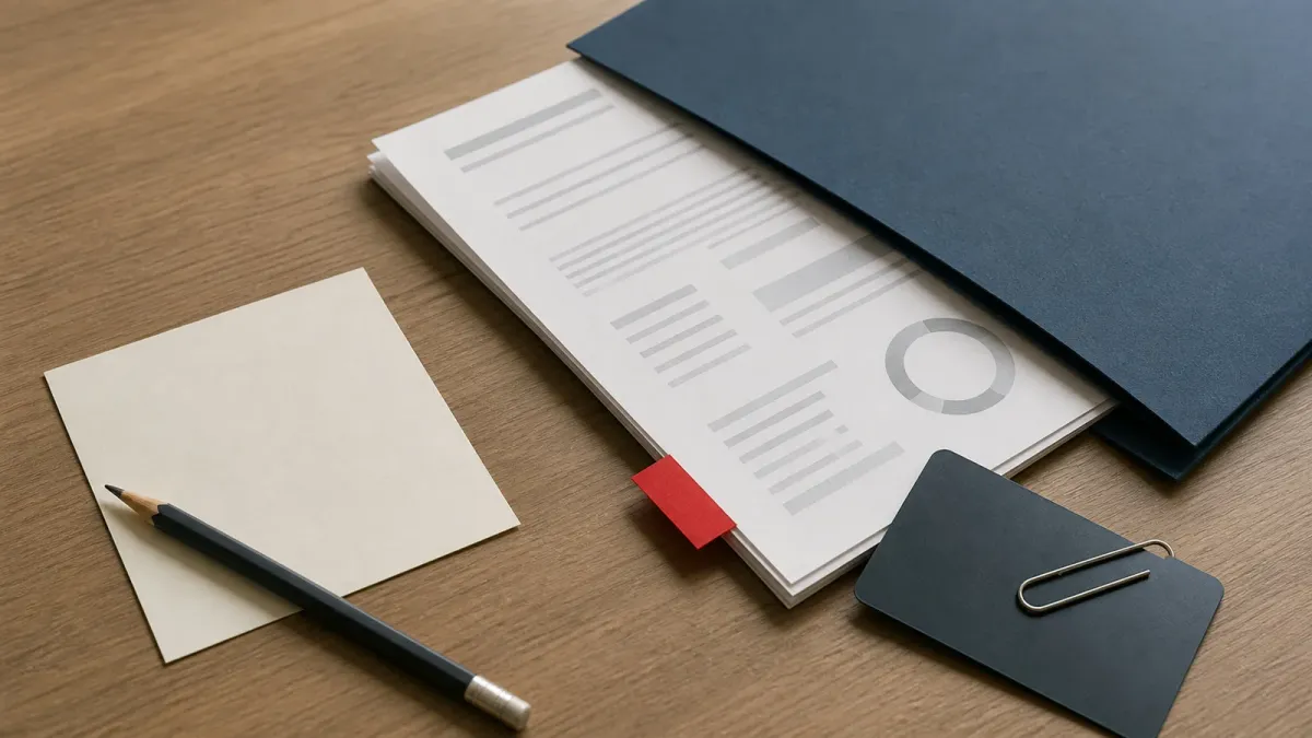 A payment card held back beside credit report paperwork and a warning tab on a desk.