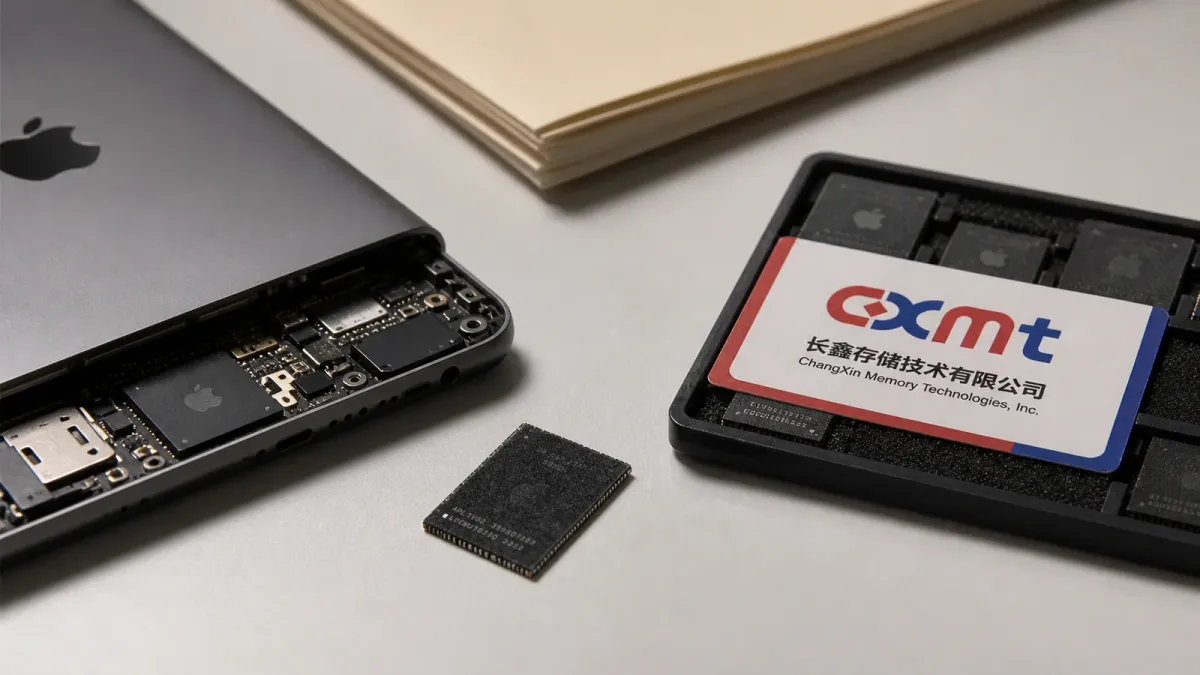Apple device hardware and a ChangXin Memory Technologies CXMT-branded chip tray arranged beside memory components and a plain policy folder.
