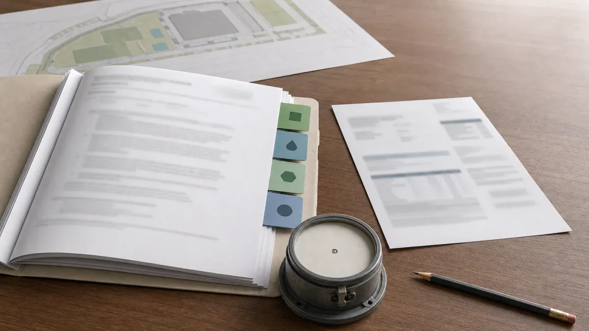 A town approval packet, utility bill, meter, and marked planning papers arranged on a desk.