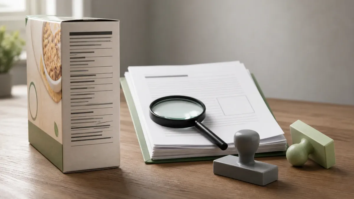 A grocery ingredient label, blank rulemaking packet, and magnifying glass arranged as a food-safety disclosure checklist