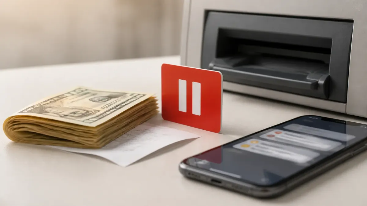 Cash, a phone and a receipt stopped before an unbranded payment slot by a small red pause card