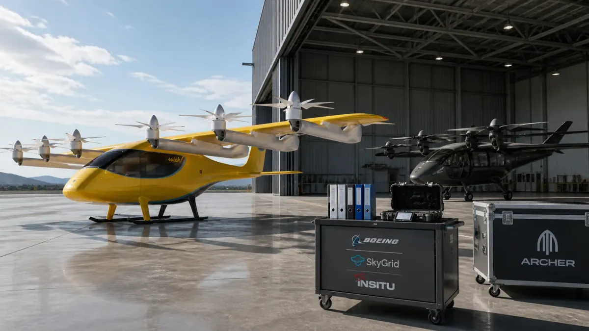 A Wisk Aero-style yellow eVTOL aircraft on an aviation apron with Archer Aviation, Boeing, SkyGrid and Insitu deal cues nearby.
