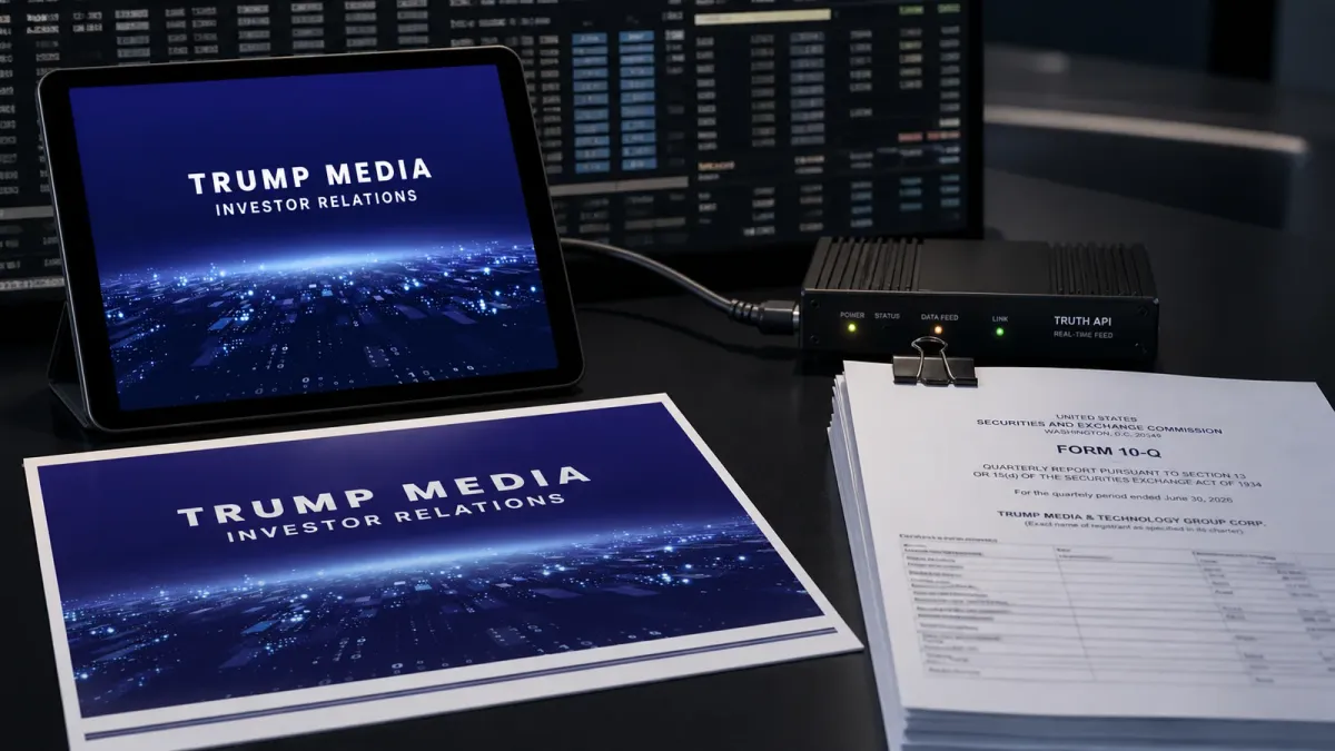 Trump Media investor-relations materials staged beside a data-feed device and quarterly filing papers.