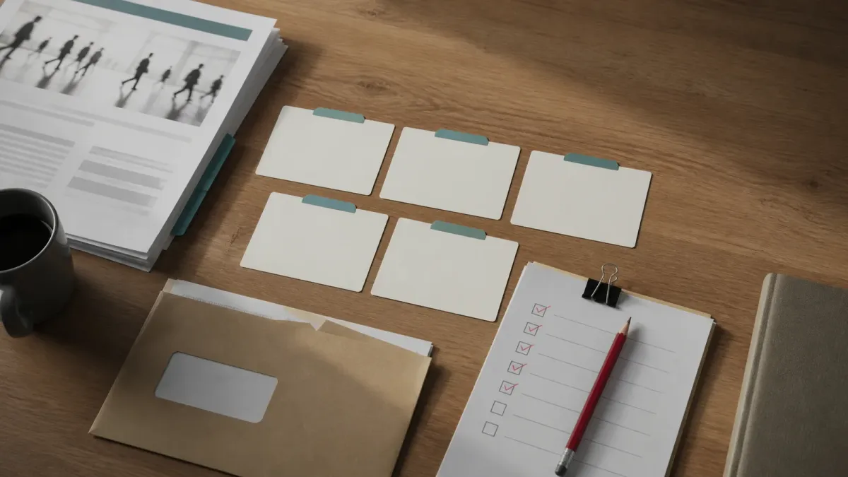 A desk with an employment report packet, blank dashboard cards, a mortgage envelope, and a risk checklist.