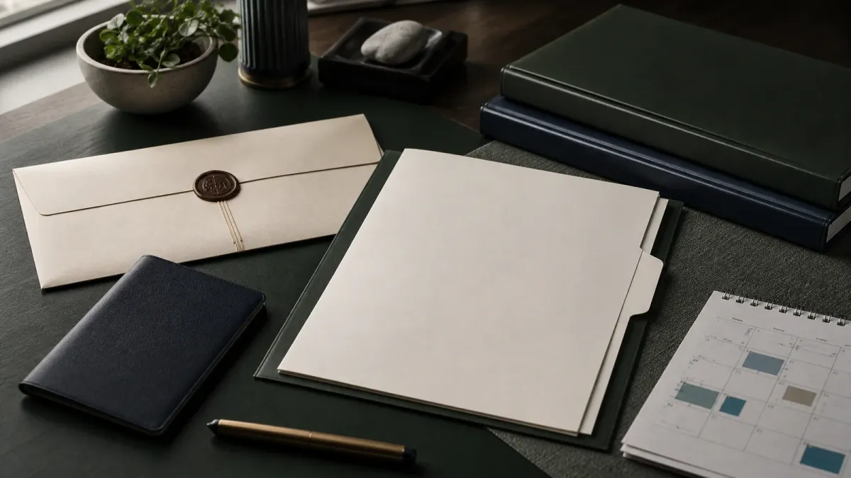 A blank residency folder, bank-transfer envelope, passport cover and calendar staged as an investor-visa decision file.