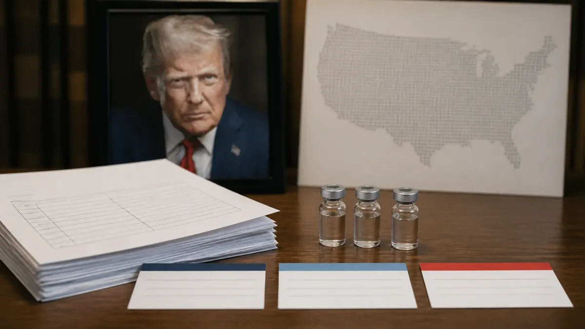 A Trump portrait behind school health paperwork, appointment cards and unlabeled vaccine vials
