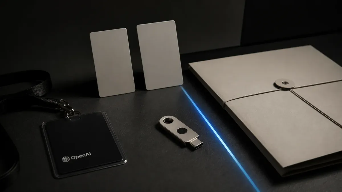 An OpenAI-branded access credential beside a hardware security key and blank review cards on a dark desk.