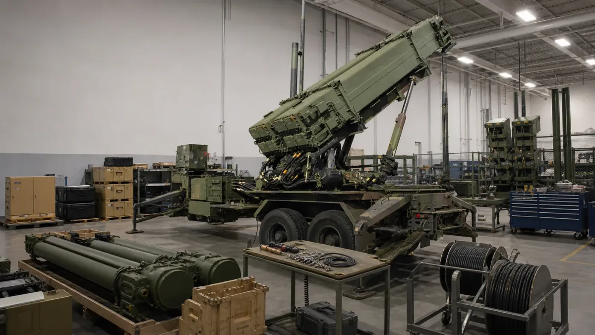 A U.S. Patriot missile launcher in a maintenance bay with factory tooling and supply crates emphasizing interceptor production constraints