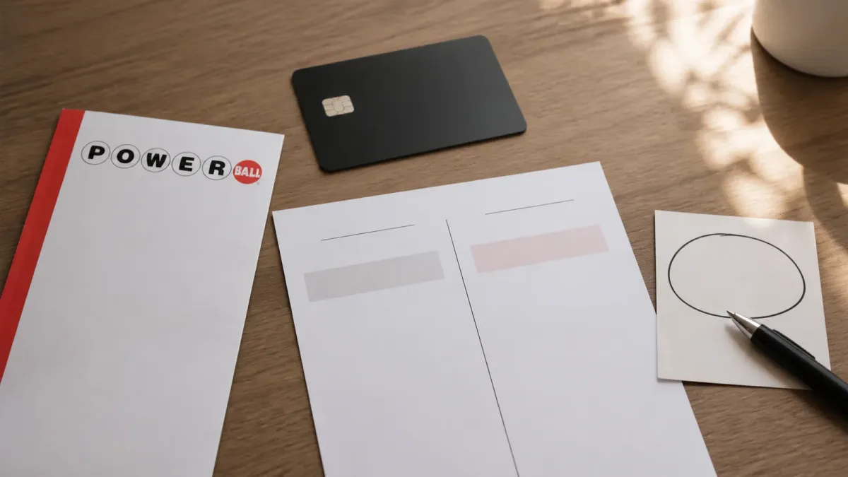 A Powerball-branded ticket decision scene with a payment card and blank payout planning sheet on a desk