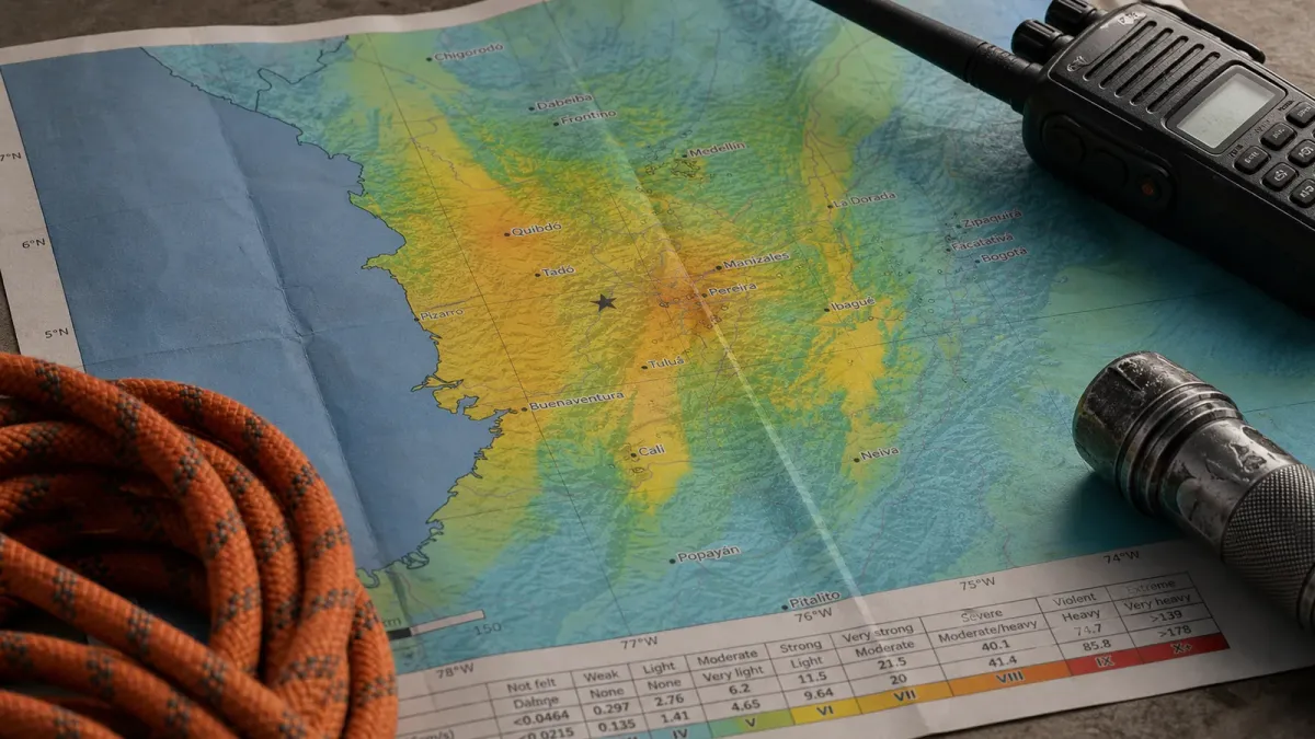 Photo-based editorial composition of the western Colombia earthquake intensity map beside rescue rope, a field radio and a flashlight