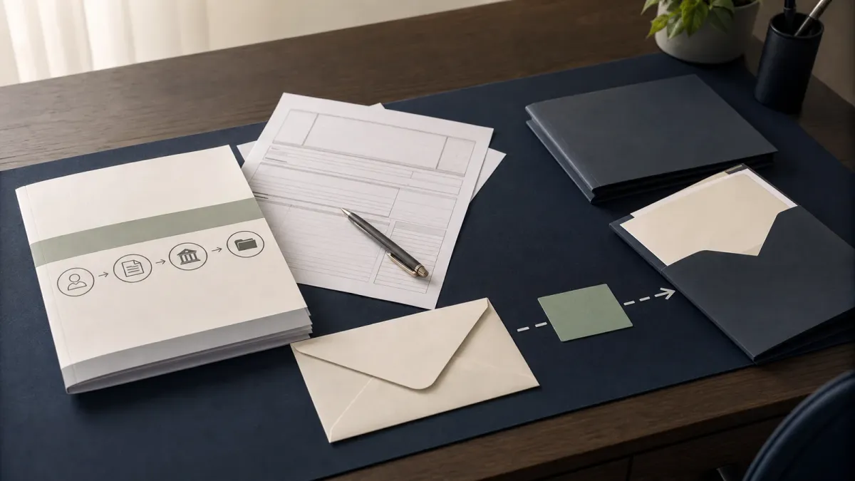 Retirement contribution papers and blank account folders arranged to show a federal match being routed into the right account.