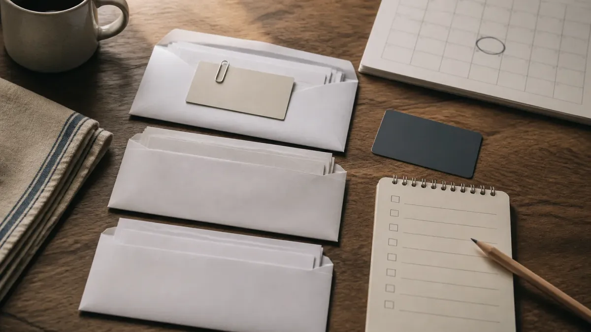 Blank bills, a generic card, and a circled calendar square arranged as a household debt triage setup.