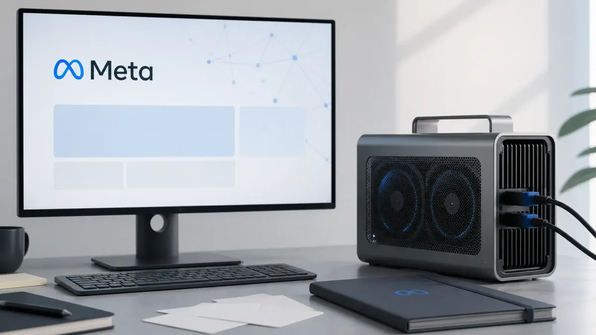 A Meta-branded launch screen beside local workstation hardware, suggesting AI agent work moving onto user-controlled devices.