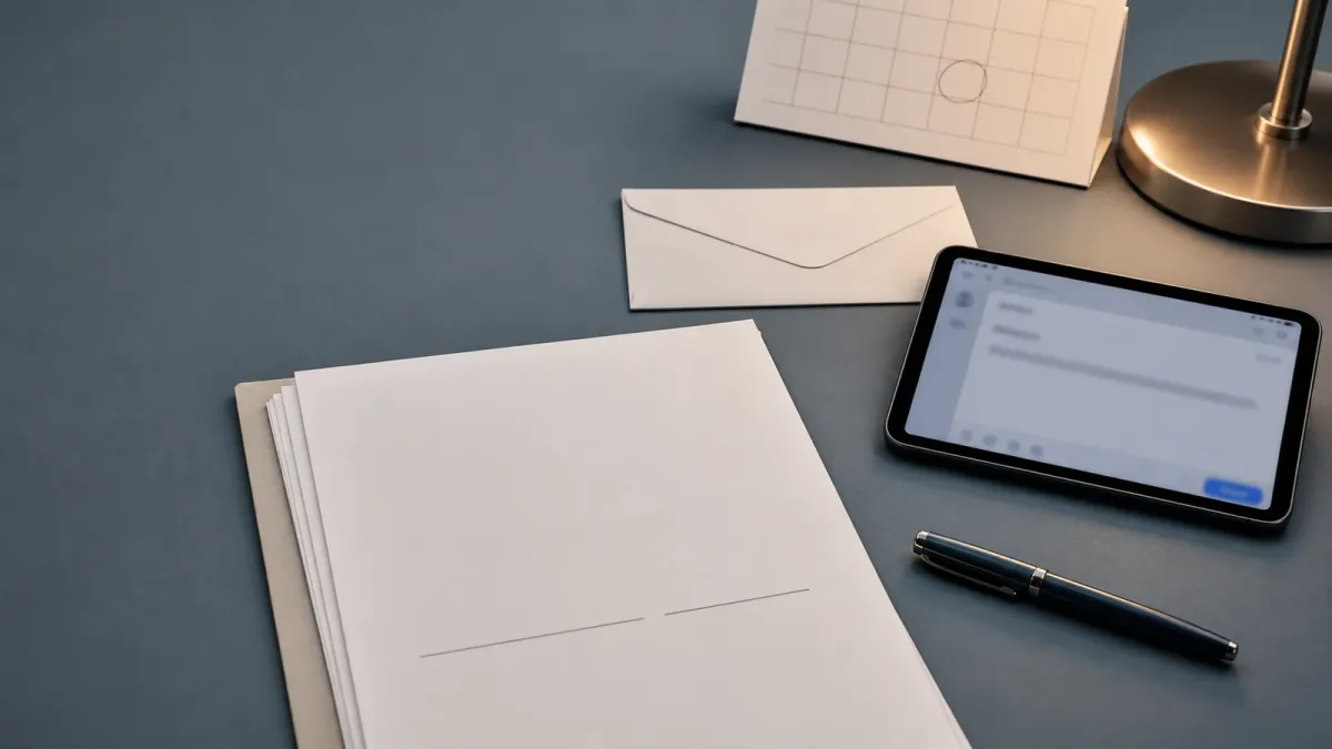 A desk with an unsigned job offer packet, a pen, a calendar, and a blurred email draft ready to send.