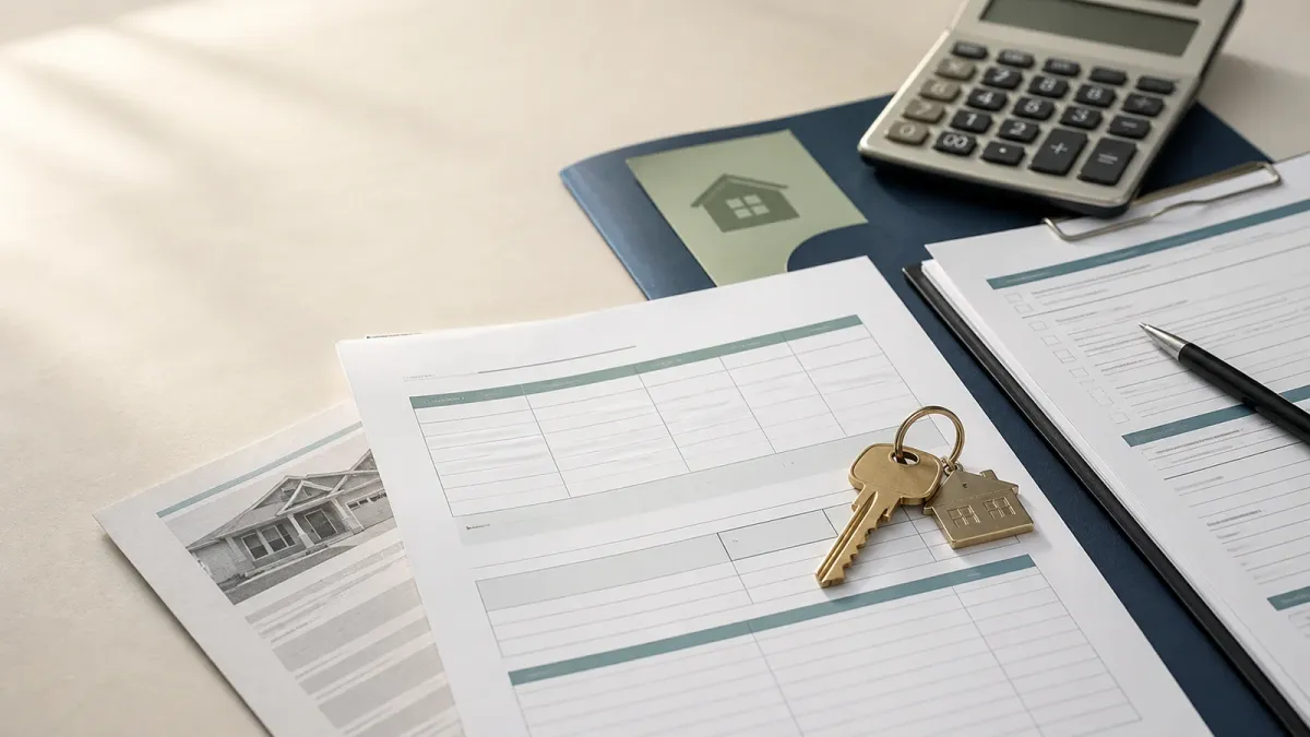 A buyer's mortgage worksheet, house key and offer paperwork arranged to show the payment decision behind a home purchase