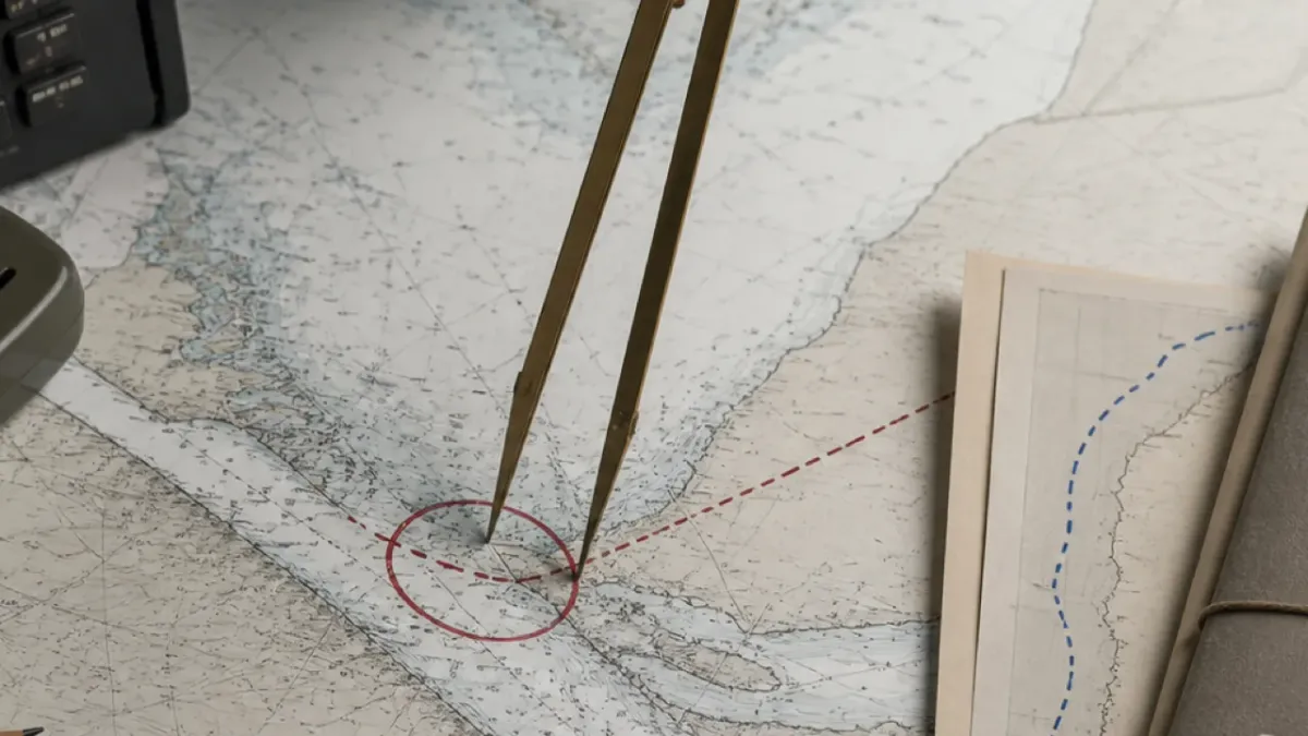 A maritime route-planning table with dividers, a circled strait on a chart, cargo papers and a radio handset.