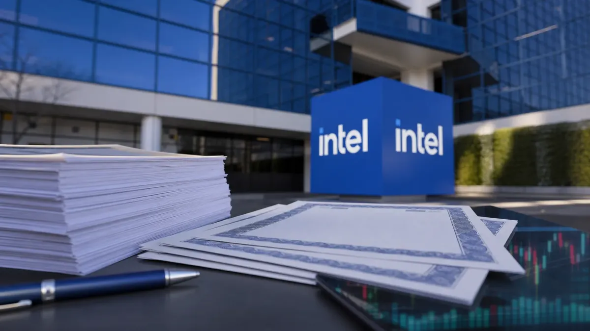 Intel headquarters signage reflected behind blank offering papers, suggesting the company's stock sale and dilution tradeoff.