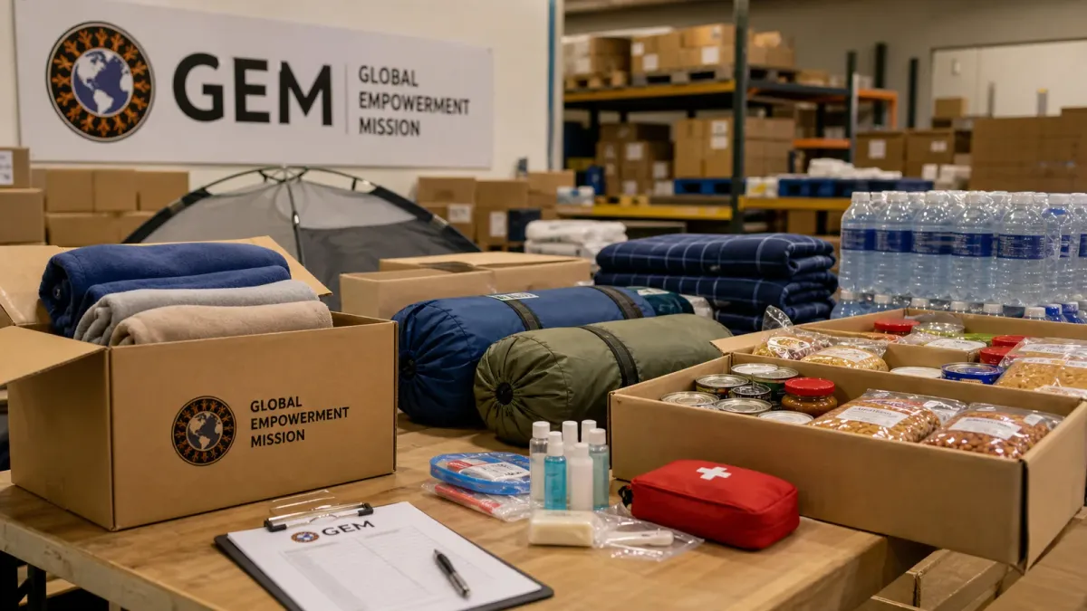 Relief supplies packed in boxes beside a Global Empowerment Mission reference for Colombia earthquake aid.