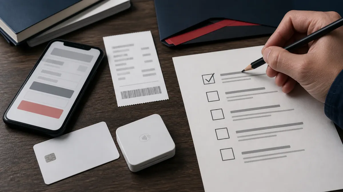 A phone checkout, blank payment card, receipt, and verification checklist arranged on a desk before a political donation.