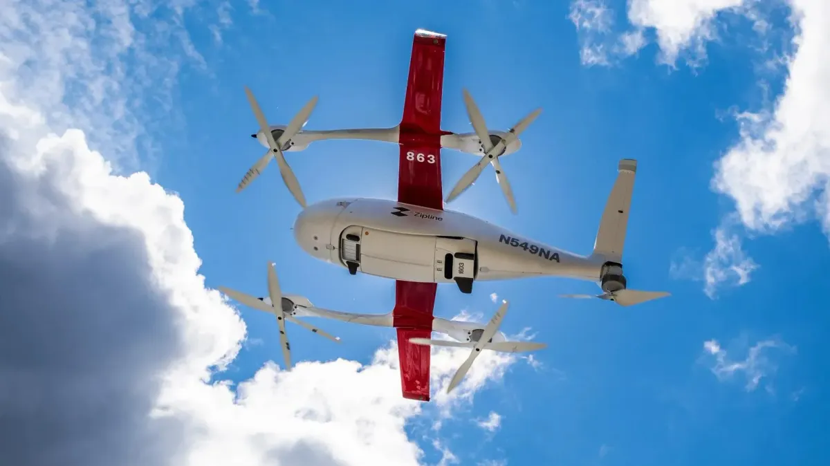 A Zipline drone flies against a blue sky in Cleveland Clinic's prescription delivery program.