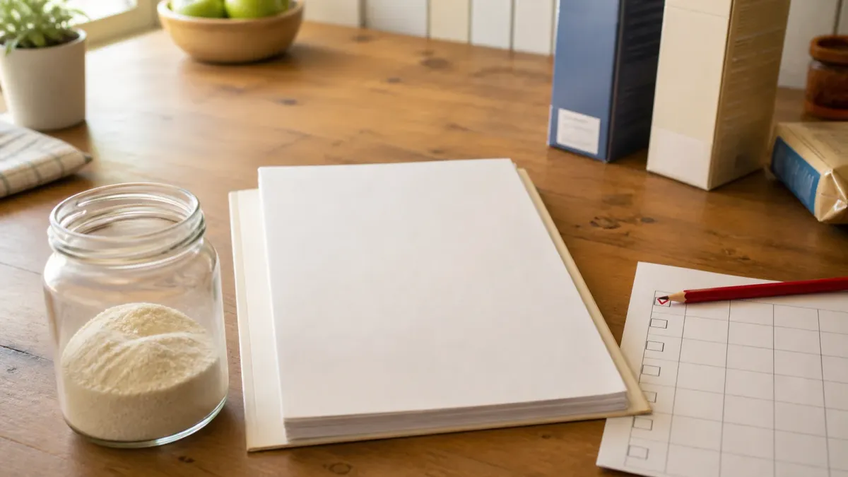 A blank food-ingredient disclosure packet sits beside grocery items and a red pencil on a kitchen table.