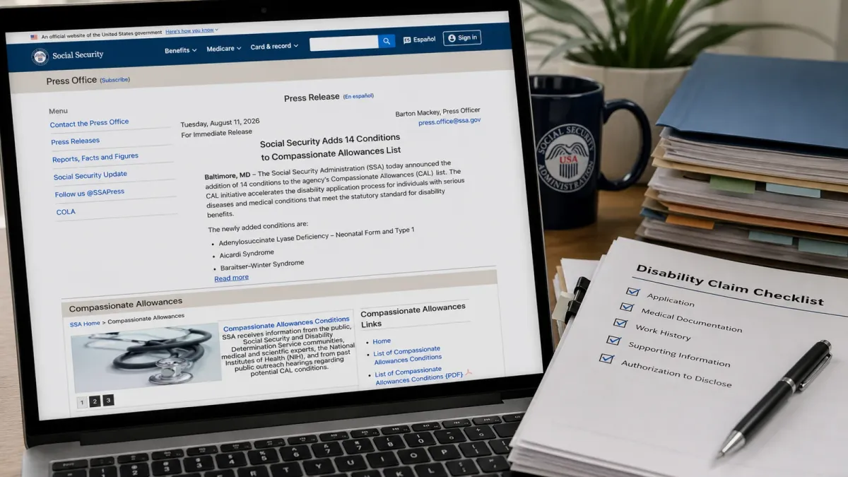 Official Social Security page reference beside a generic disability claim checklist and medical record tabs