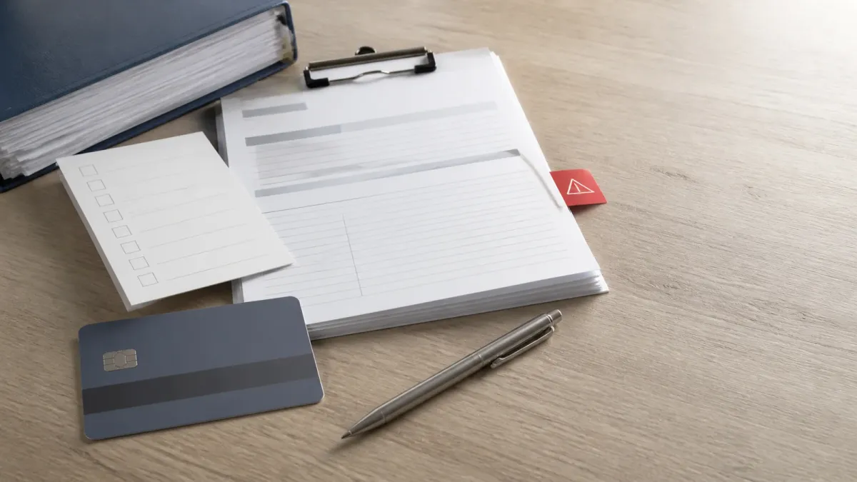 A payment card held back beside generic credit repair paperwork and a red warning tab.