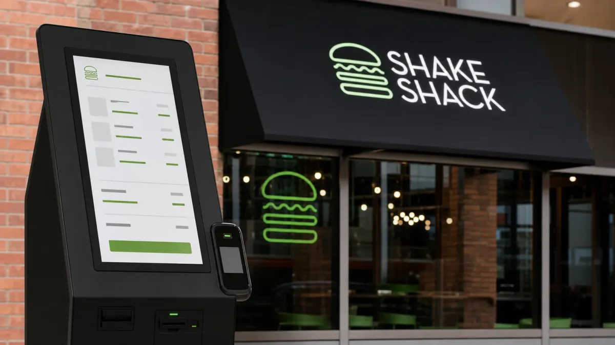 Shake Shack storefront signage reflected behind a self-service payment kiosk with a checkout total on screen