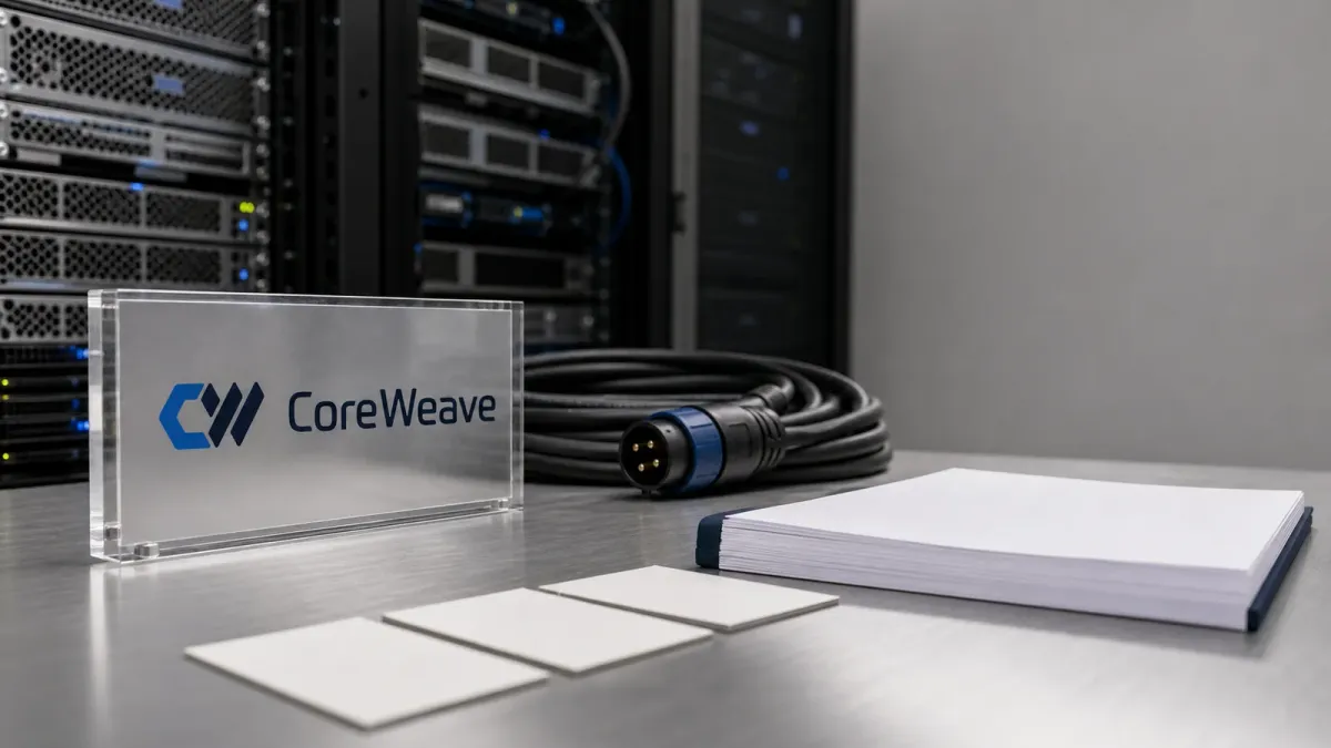 CoreWeave branding beside server hardware, power cable and blank financing papers in a realistic data-center planning scene.