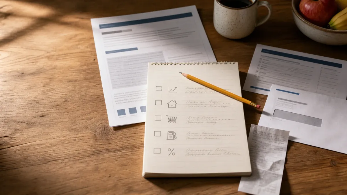 A household budget checklist sits beside a grocery receipt, rent envelope, and loan-rate sheet.