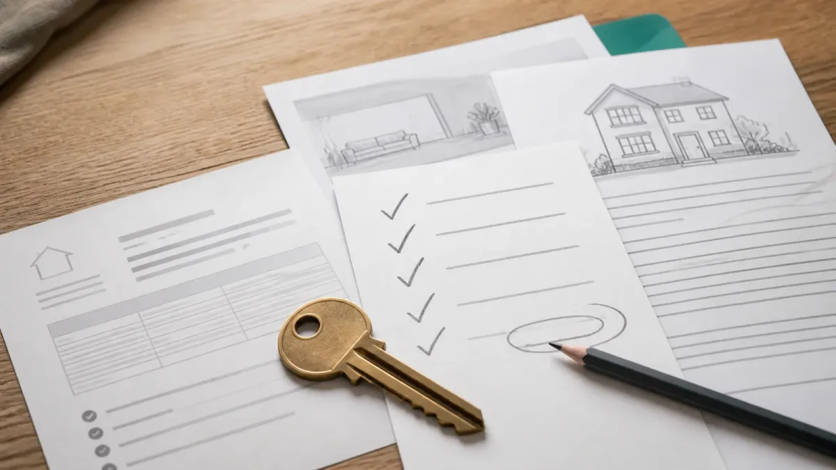 A house key, pencil, and generic mortgage papers arranged as a careful homebuying bid checklist.