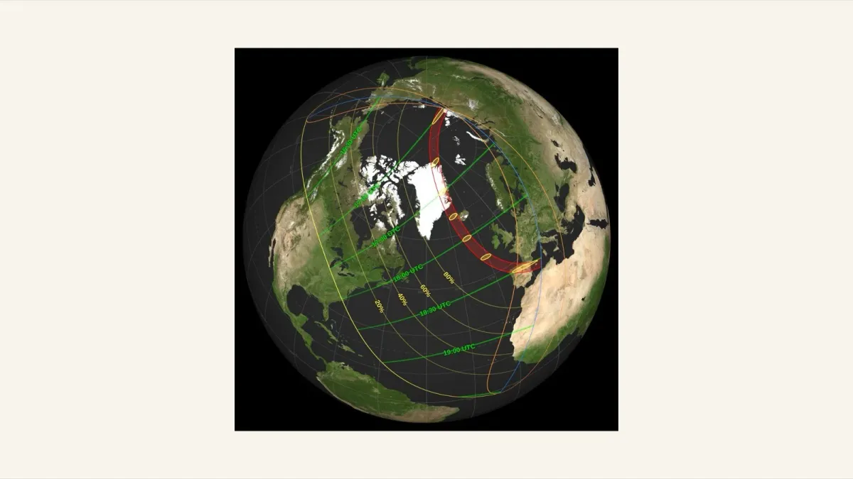 NASA map showing the August 12, 2026 total solar eclipse path crossing Greenland, Iceland and Spain with partial visibility zones across the Northern Hemisphere.