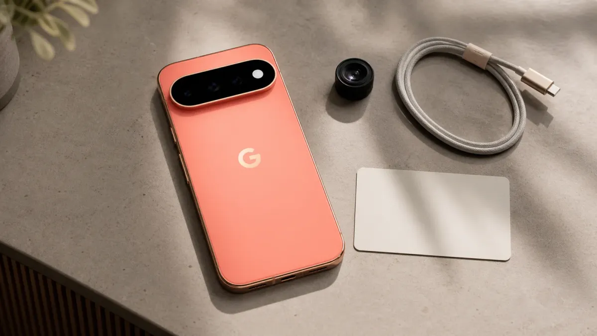A coral Google Pixel 11 Pro arranged with a charging cable and camera lens to show the upgrade decision behind Google's new phone launch.
