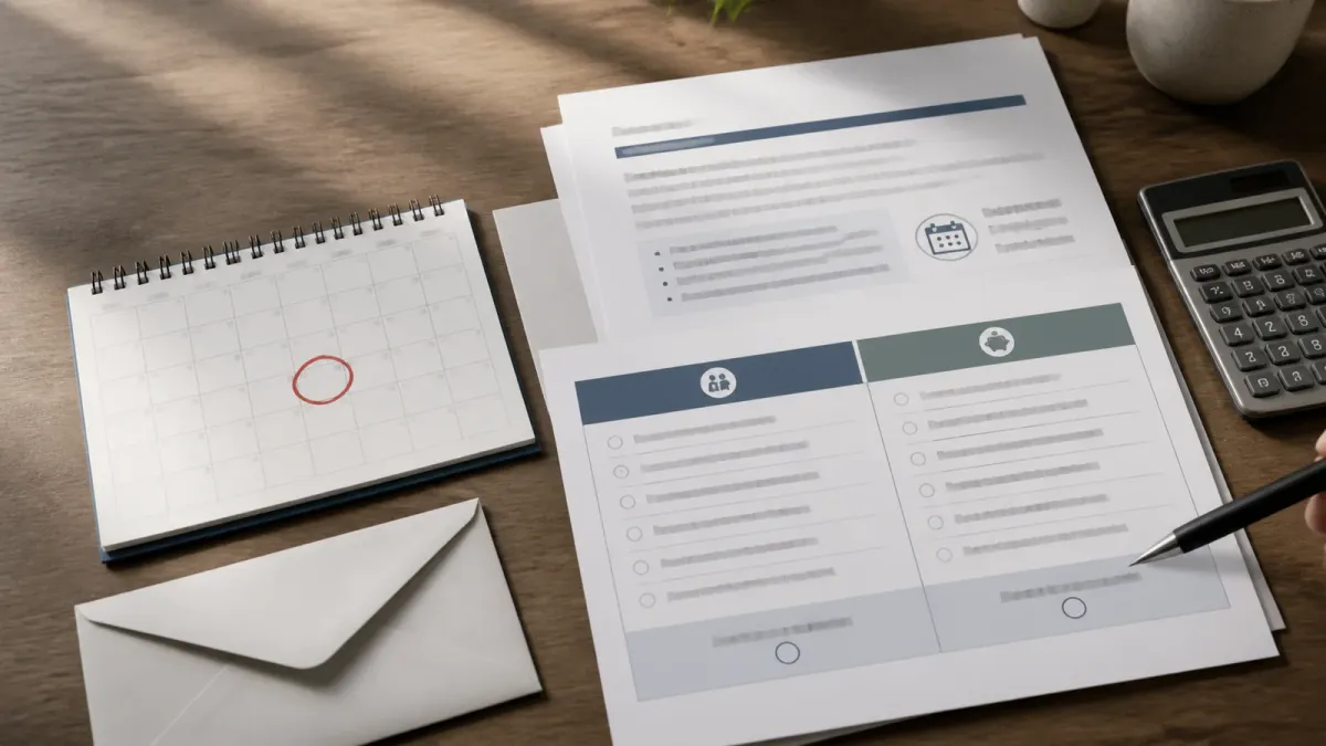 A desk with non-readable student loan papers, a circled calendar deadline, a calculator and a repayment comparison sheet.