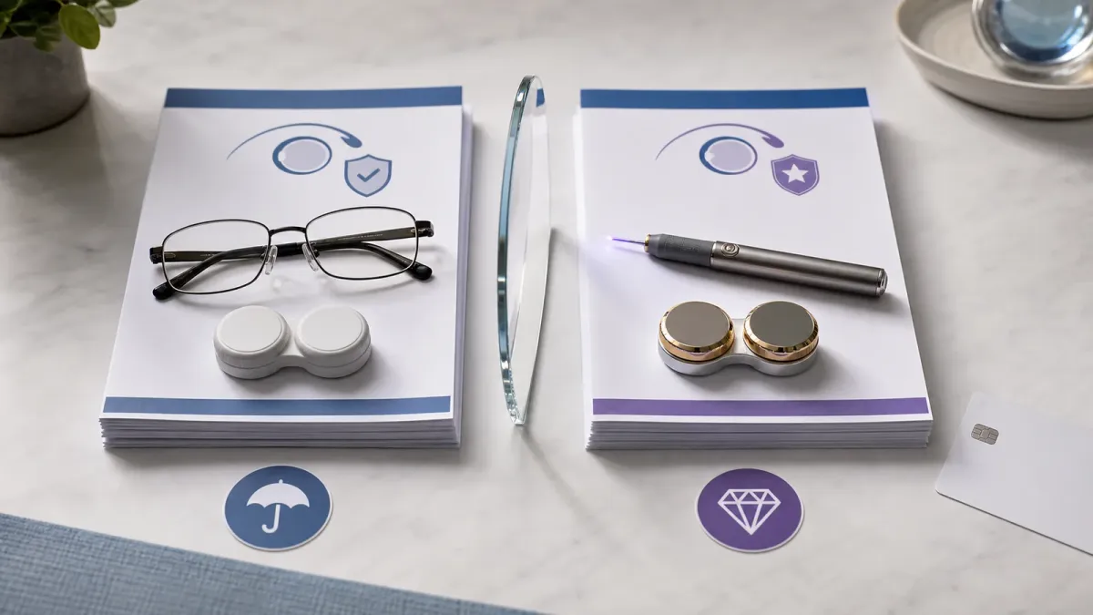 A cataract surgery estimate packet split between standard eyeglasses and optional upgrade items.