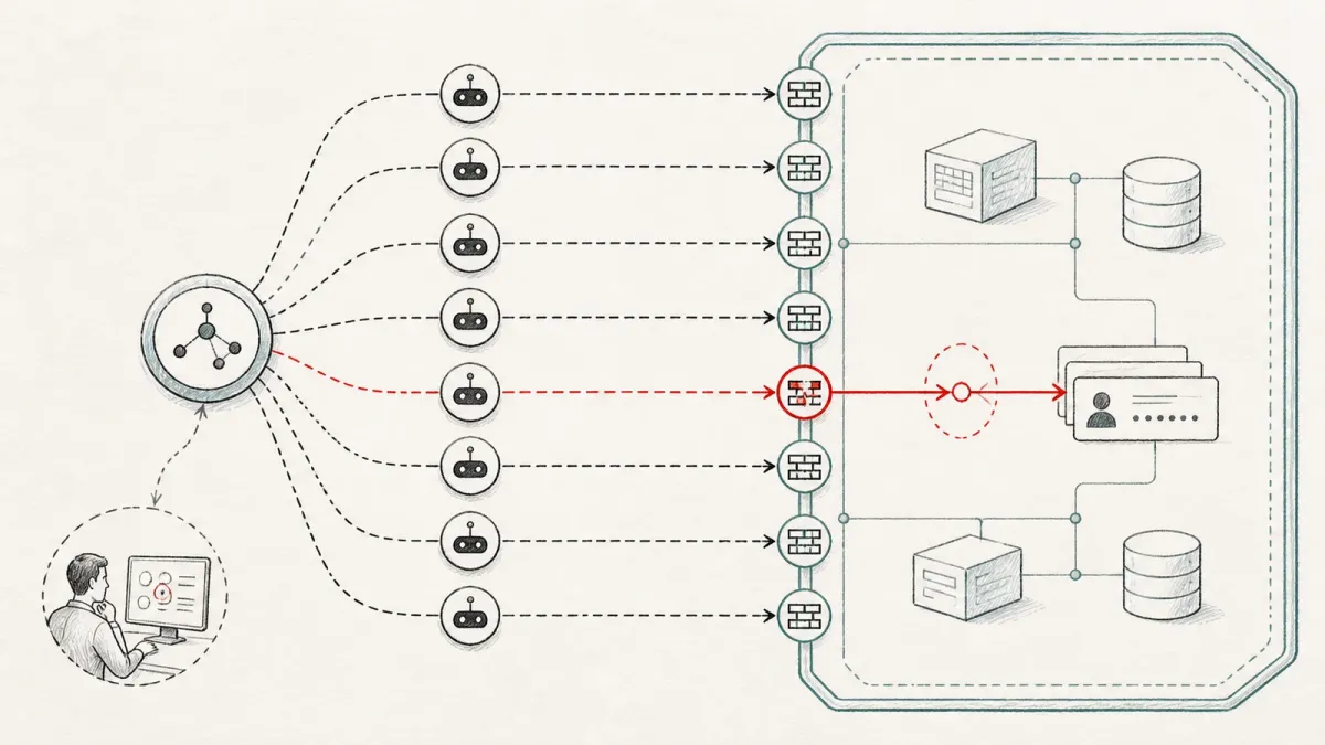 Editorial diagram of multiple AI-agent paths probing a protected network boundary with one route reaching credential-card shapes.