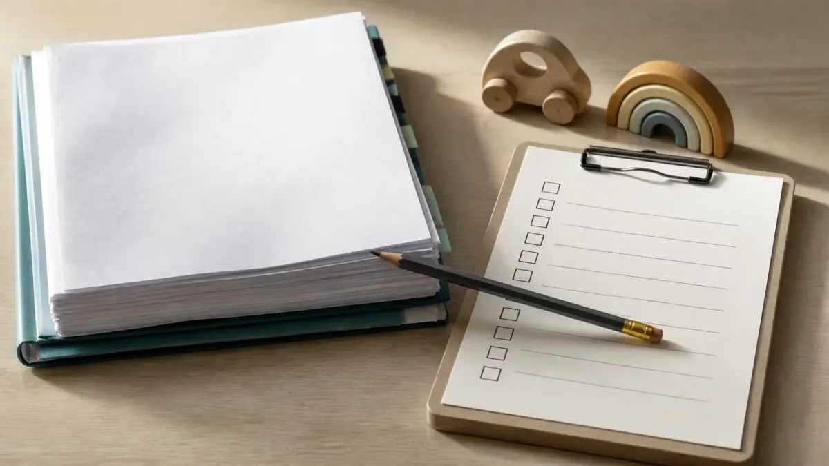 A research packet, sibling keepsakes and a blank screening checklist arranged as a cautious health decision still life.