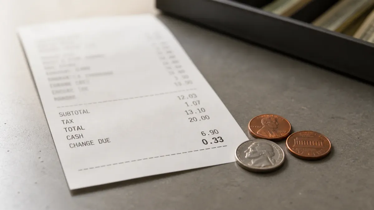 A plain receipt on a checkout counter beside two pennies and a nickel, suggesting a cash total being rounded to the nearest nickel.
