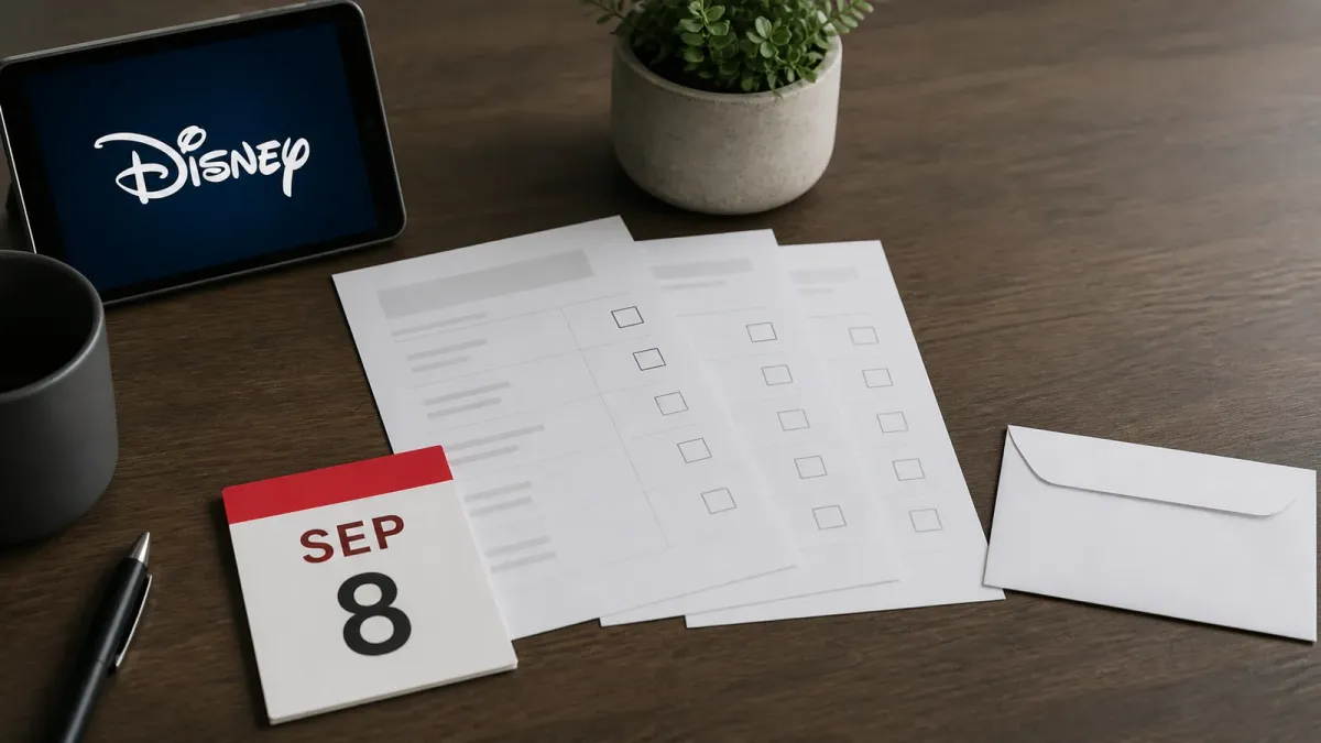A Disney-branded screen sits beside a streaming bill, checklist and September 8 deadline card on a household desk.