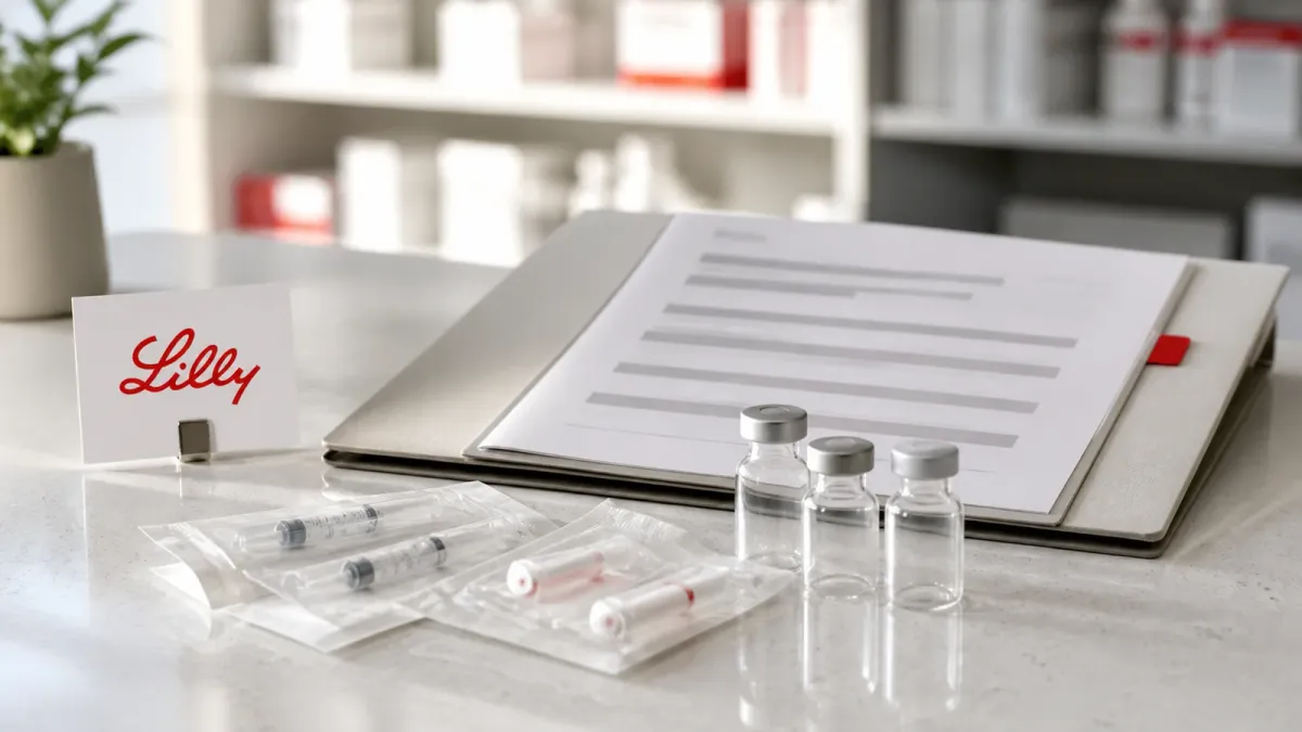 Eli Lilly branding beside sealed injection supplies and redacted compliance paperwork, suggesting scrutiny of unapproved retatrutide sales
