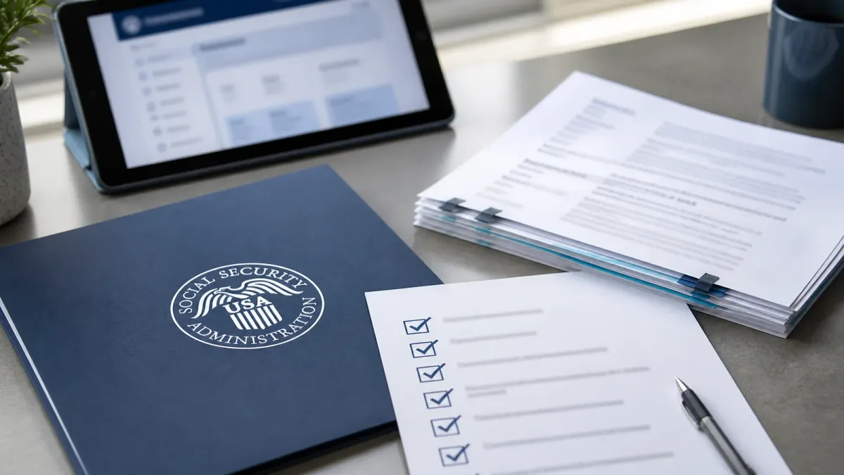 Social Security disability paperwork and a checklist arranged beside an agency-marked folder on a desk.