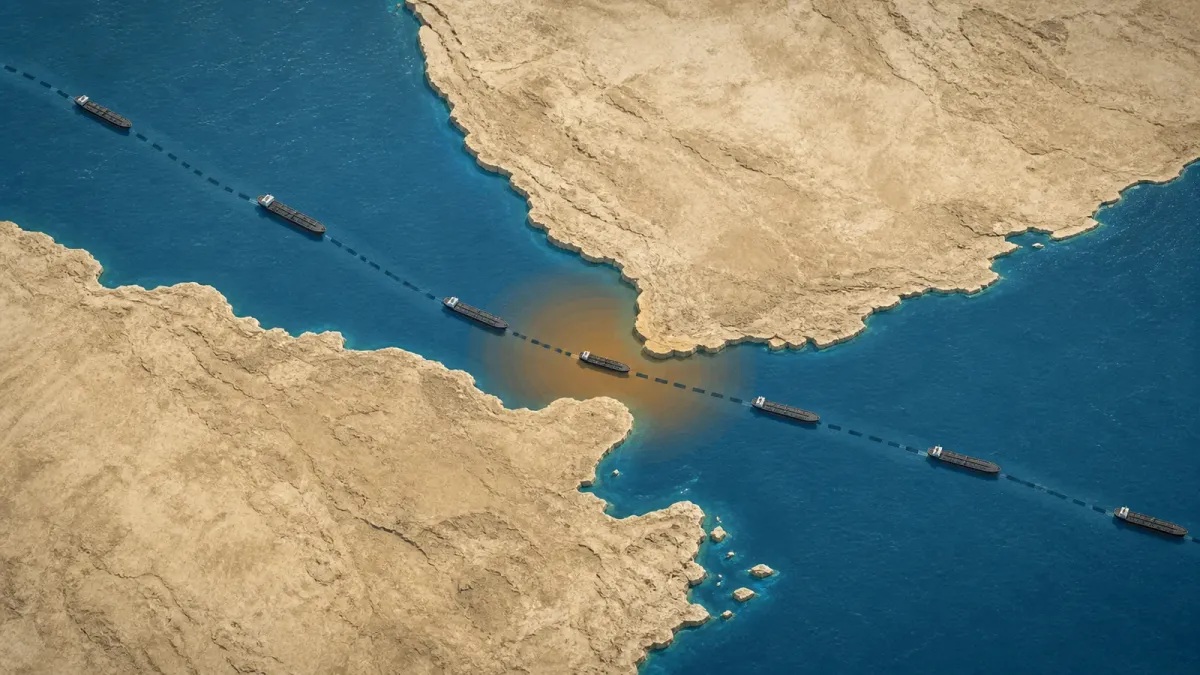 A map-style editorial diagram shows a narrow shipping route through the Strait of Hormuz with tanker icons paused at the chokepoint.