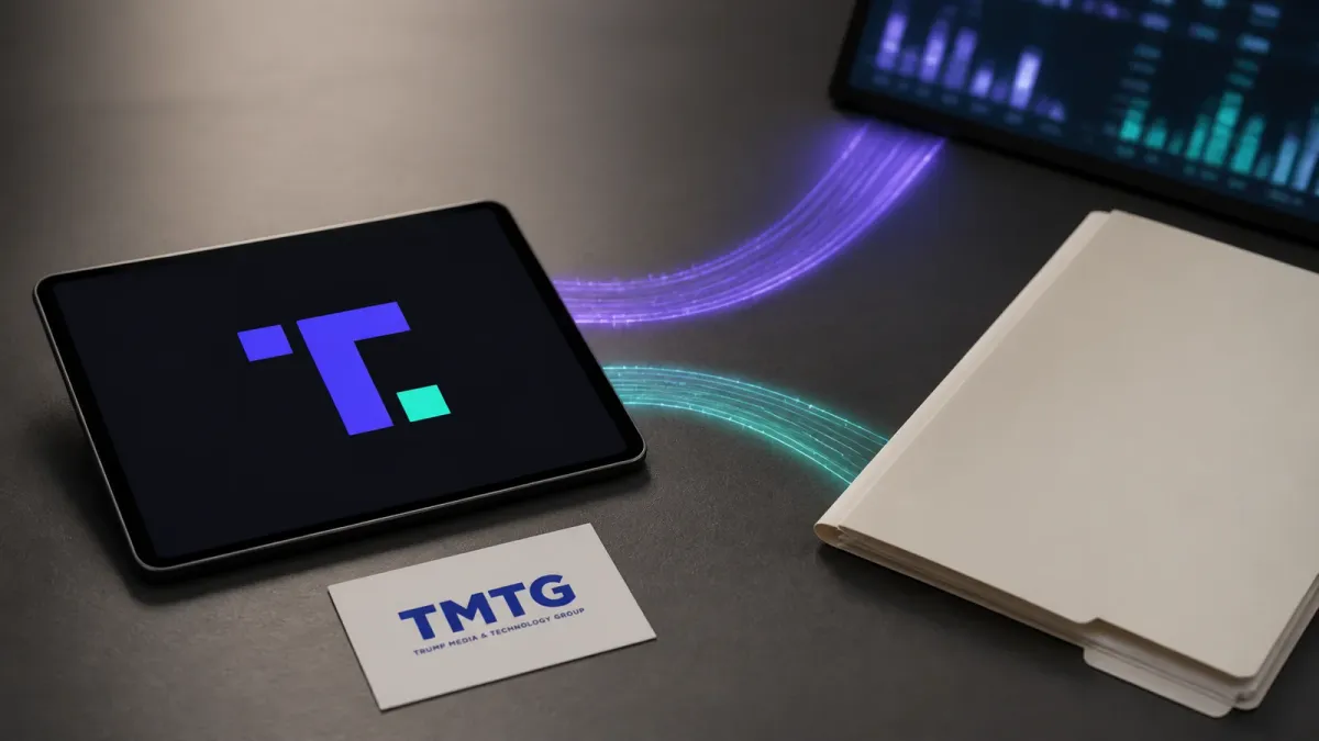 Truth Social and Trump Media & Technology Group branding on a desk beside a legal folder and split data paths suggesting faster paid market access.