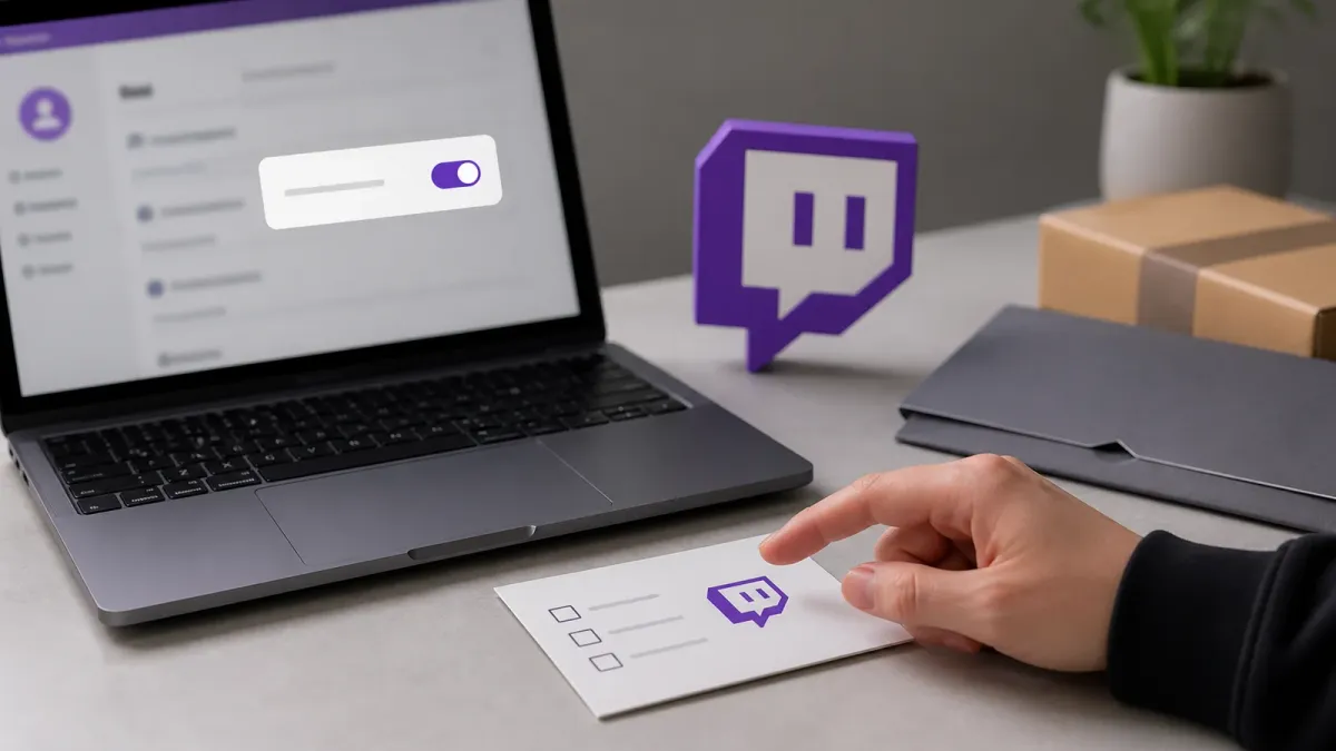 A creator desk scene with the Twitch mark beside a blurred privacy toggle, suggesting an account setting decision about AI training.