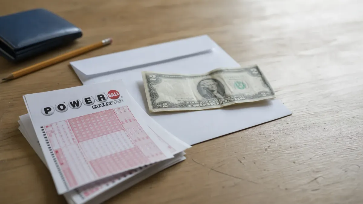 A Powerball-branded ticket stack staged beside a household budget envelope and a two-dollar bill.