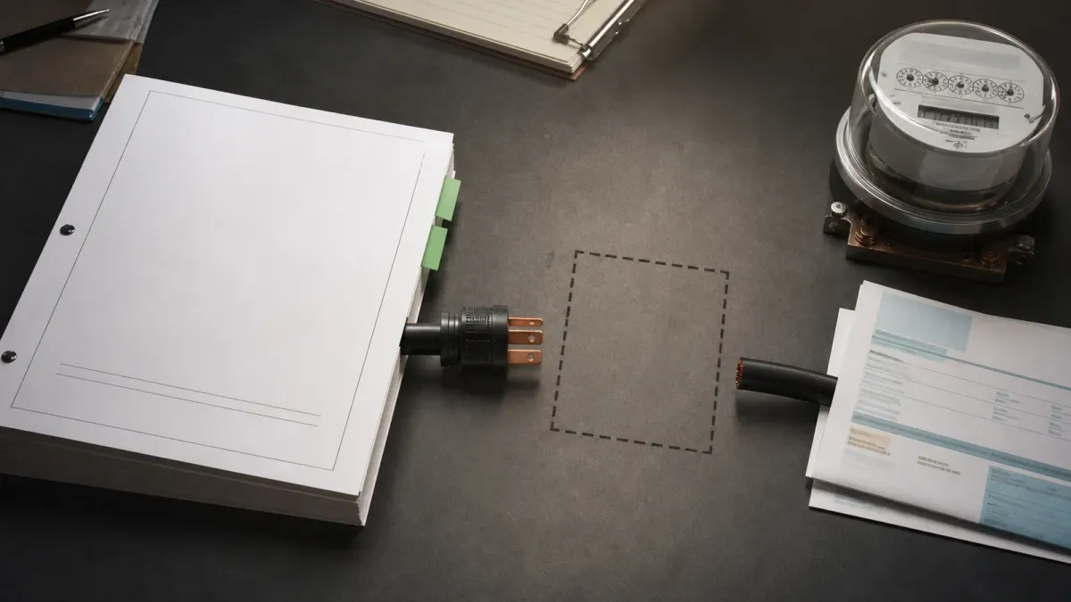 An audit packet, power cable, electric meter and household utility bill arranged as a grid-connection checkpoint.