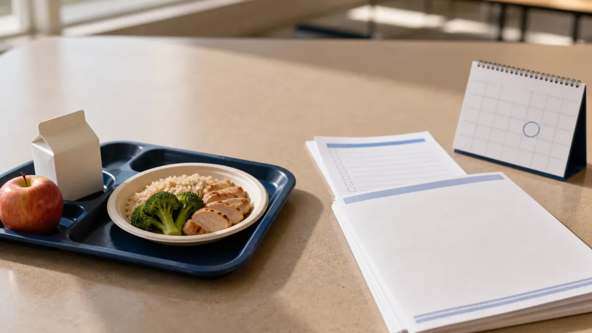 A school lunch tray sits beside a blank meal application, checklist and calendar to show a campus-by-campus meal eligibility decision.