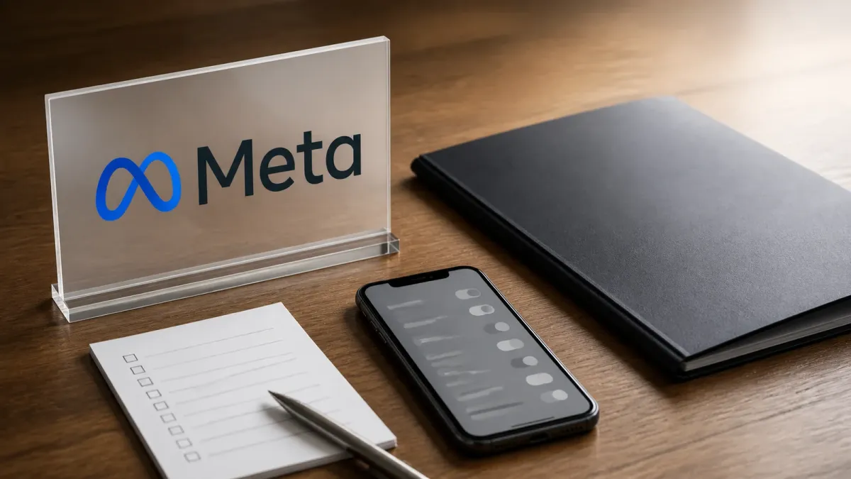 A realistic editorial desk scene with the Meta mark beside a blank case folder, phone settings toggles and a privacy checklist.